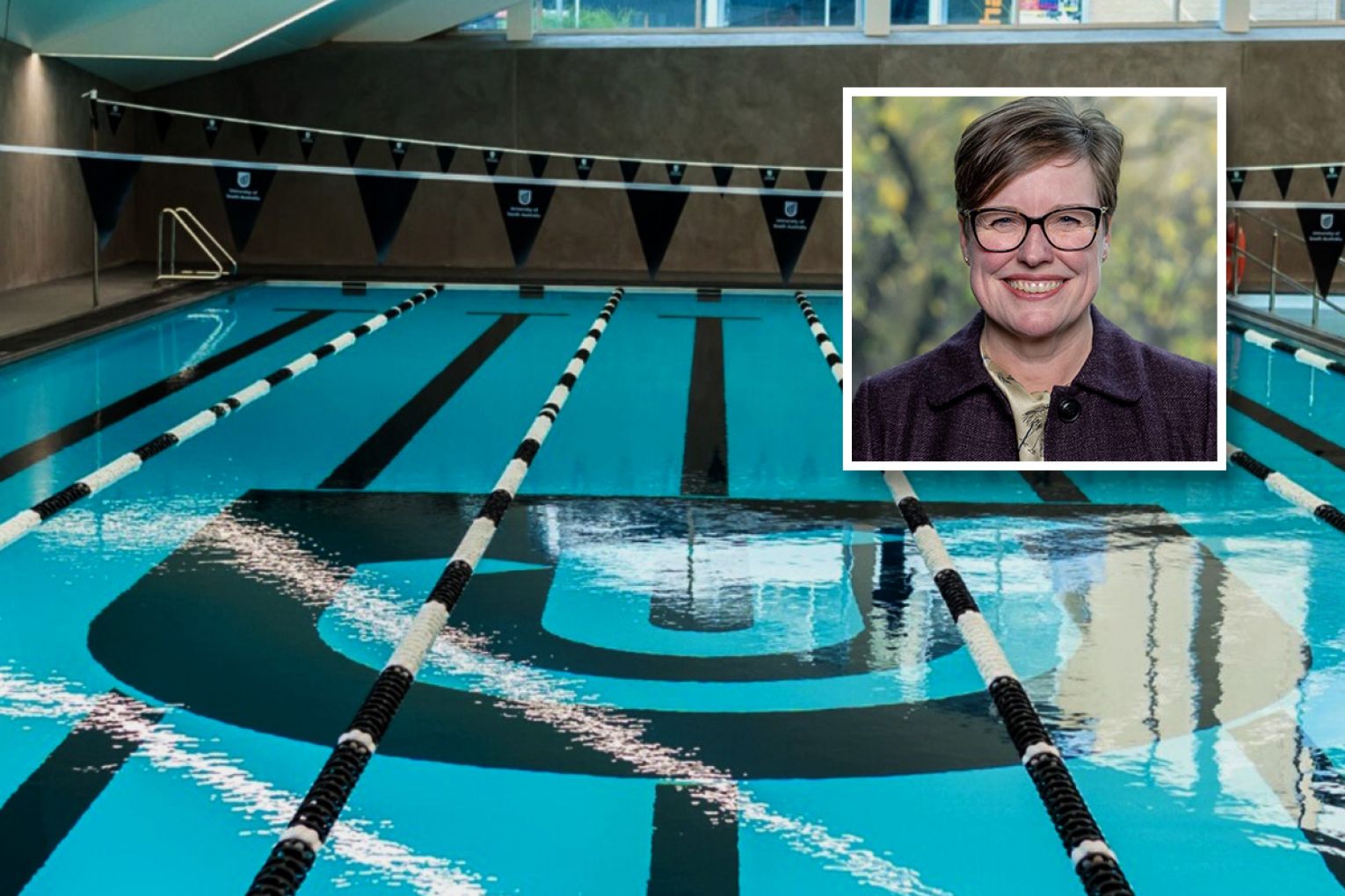 Adelaide University Vice Chancellor Nicola Philips said the UniSA logo would stay at the Pridham Hall pool for the time being. Graphic: Mikaela Balacco