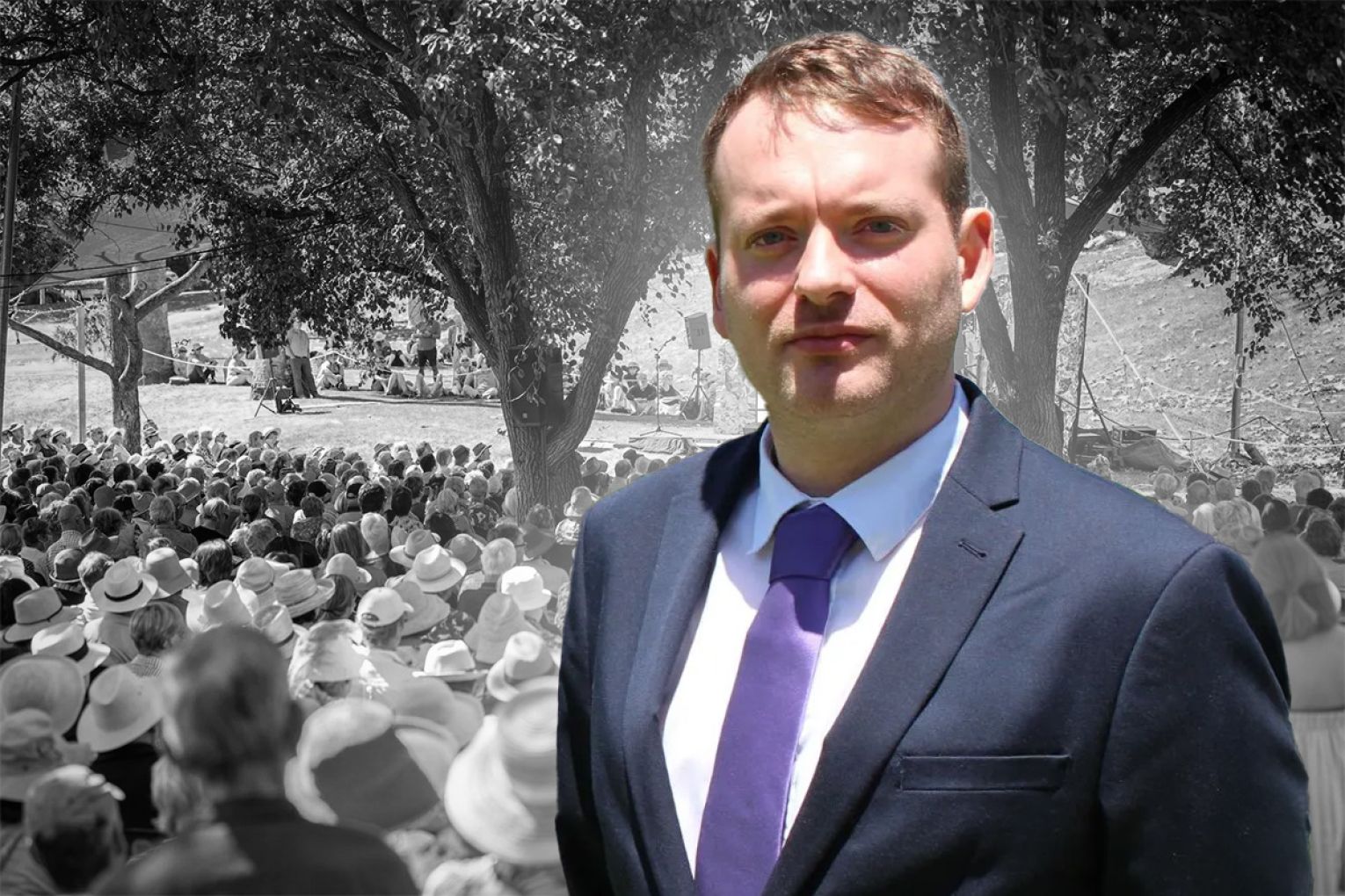 Keiran Snape hopes to secure $250,000 in funding for an alternative writers' week. Photo: David Simmons/InDaily. Graphic: James Taylor/InDaily.