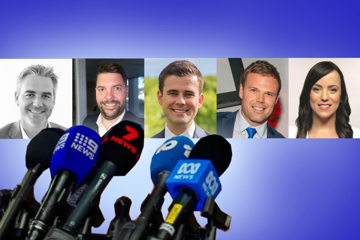 Top former SA journalists now driving the state election media teams. From left: Labor's Tom Richardson, Nick Harmsen and Adam Todd. Liberal's Ben Avery and Labor's Jemma Chapman.
