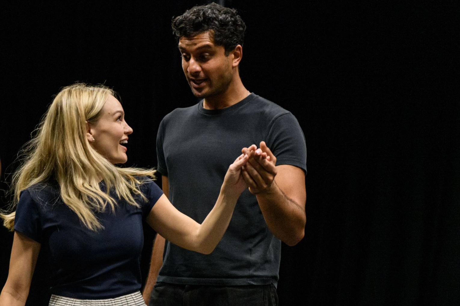 Jess Vickers (Daisy) and Shiv Palekar (Jay Gatsby) in rehearsal for Queensland Theatre's season 2026 opener, The Great Gatsby. Photo: Joel Devereux
