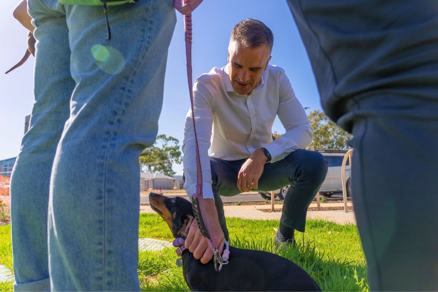 The SA Premier was joined on the campaign trail by sausage dog Ollie this morning. Photos: supplied.