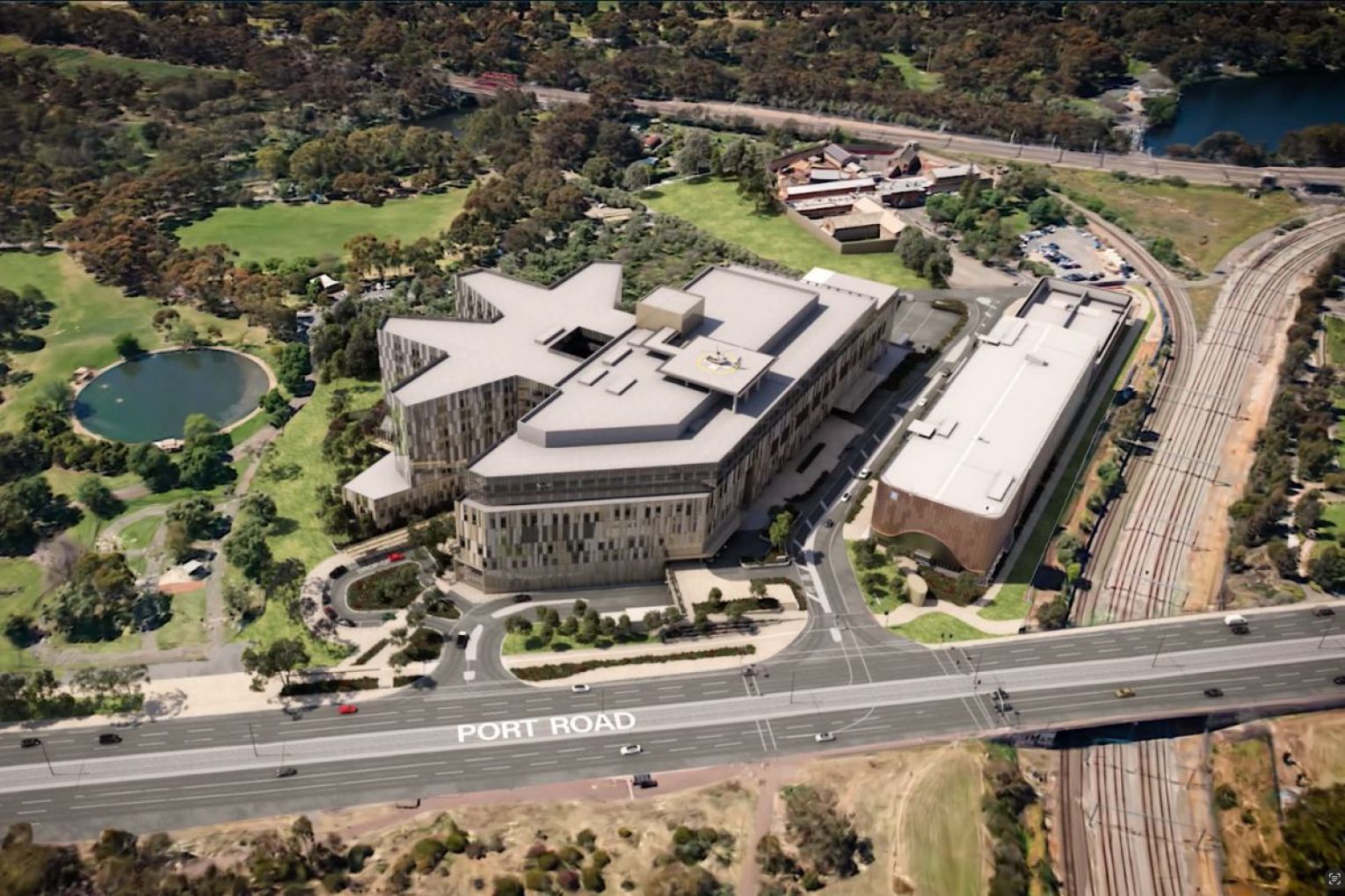 A render of the new Women's and Children's Hospital in the Adelaide park lands. Render: Supplied