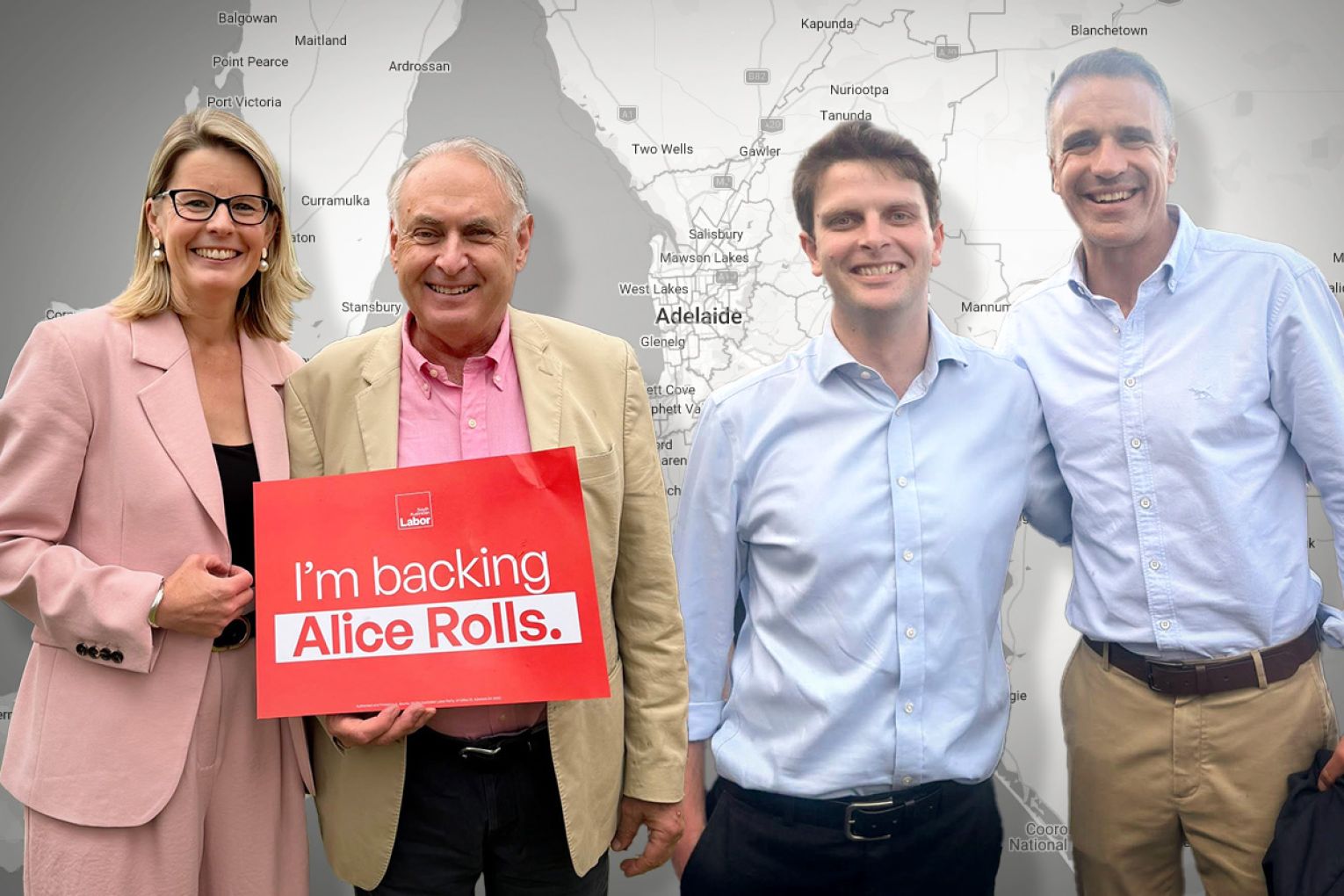 Labor's Unley candidate Alice Rolls, SA Senator Don Farrell, Labor's Enfield candidate Lawrence Ben and Premier Peter Malinauskas. Graphic: James Taylor