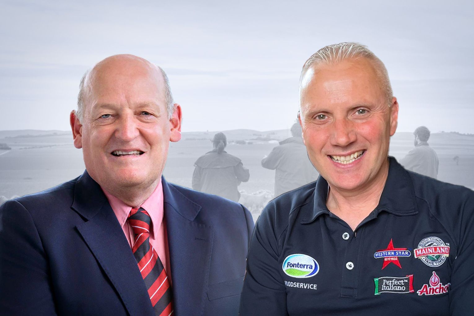 Elders has announced a succession plan for outgoing CEO Mark Allison (right), with René Dedoncker to take on the top job. Photos: Supplied/LinkedIn. Graphic: James Taylor/InDaily.