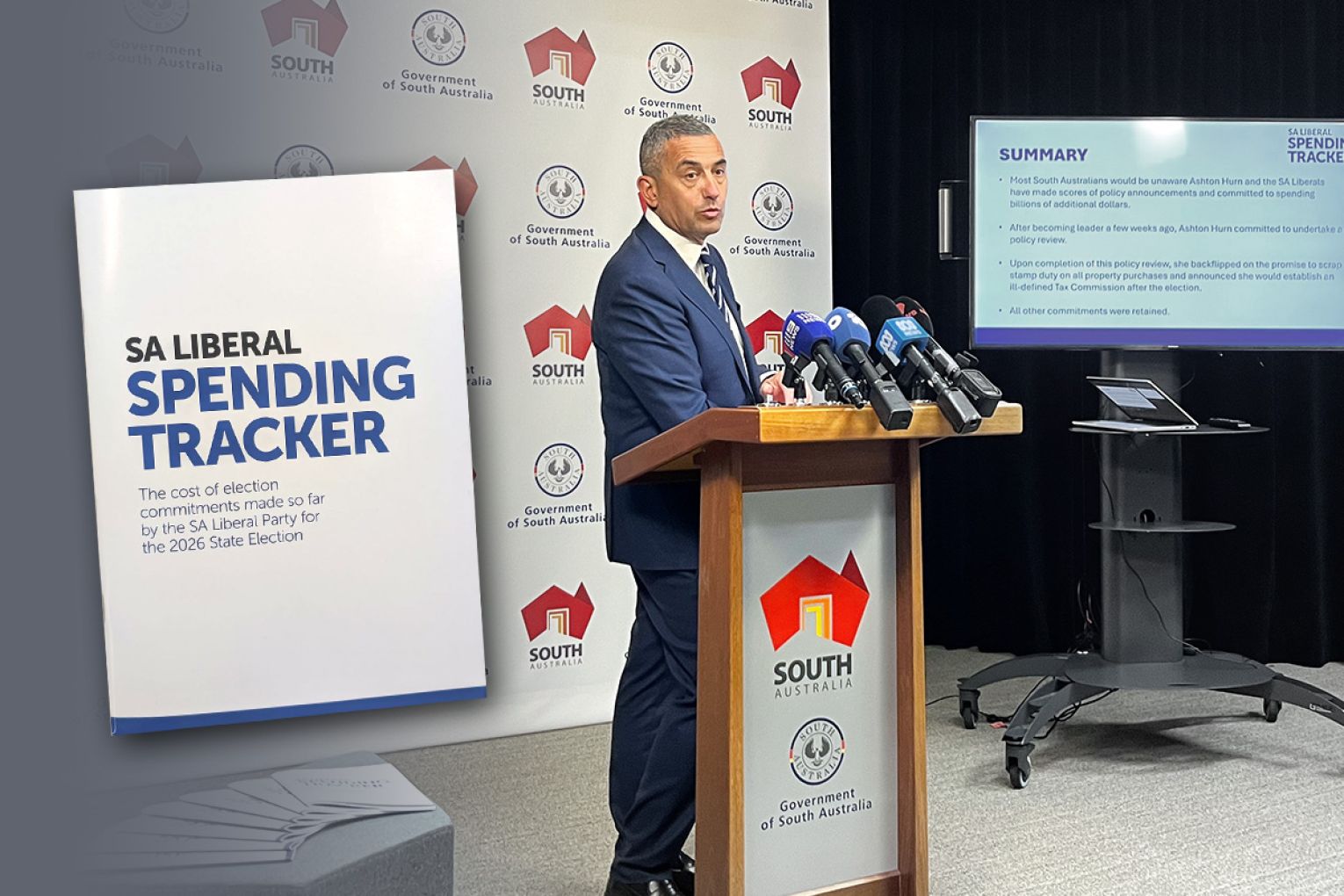 Treasurer Tom Koutsantonis claimed that the SA Liberals have already pledged $5 billion in election commitments. Photo: Charlie Gilchrist/InDaily. Graphic: James Taylor