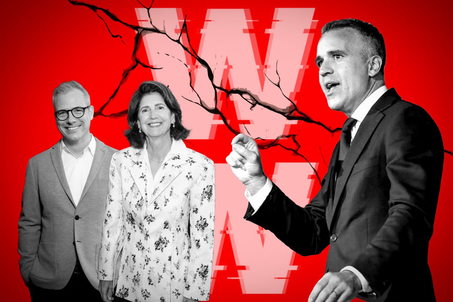 Adelaide Festival Director Julian Hobba (left) advocated to the board, then-chaired by Tracey Whiting (centre) about keeping a Palestinian-Australian author on the Writers’ Week lineup, after Premier Peter Malinauskas (right) said he did not support her appearance. Graphic: James Taylor/InDaily