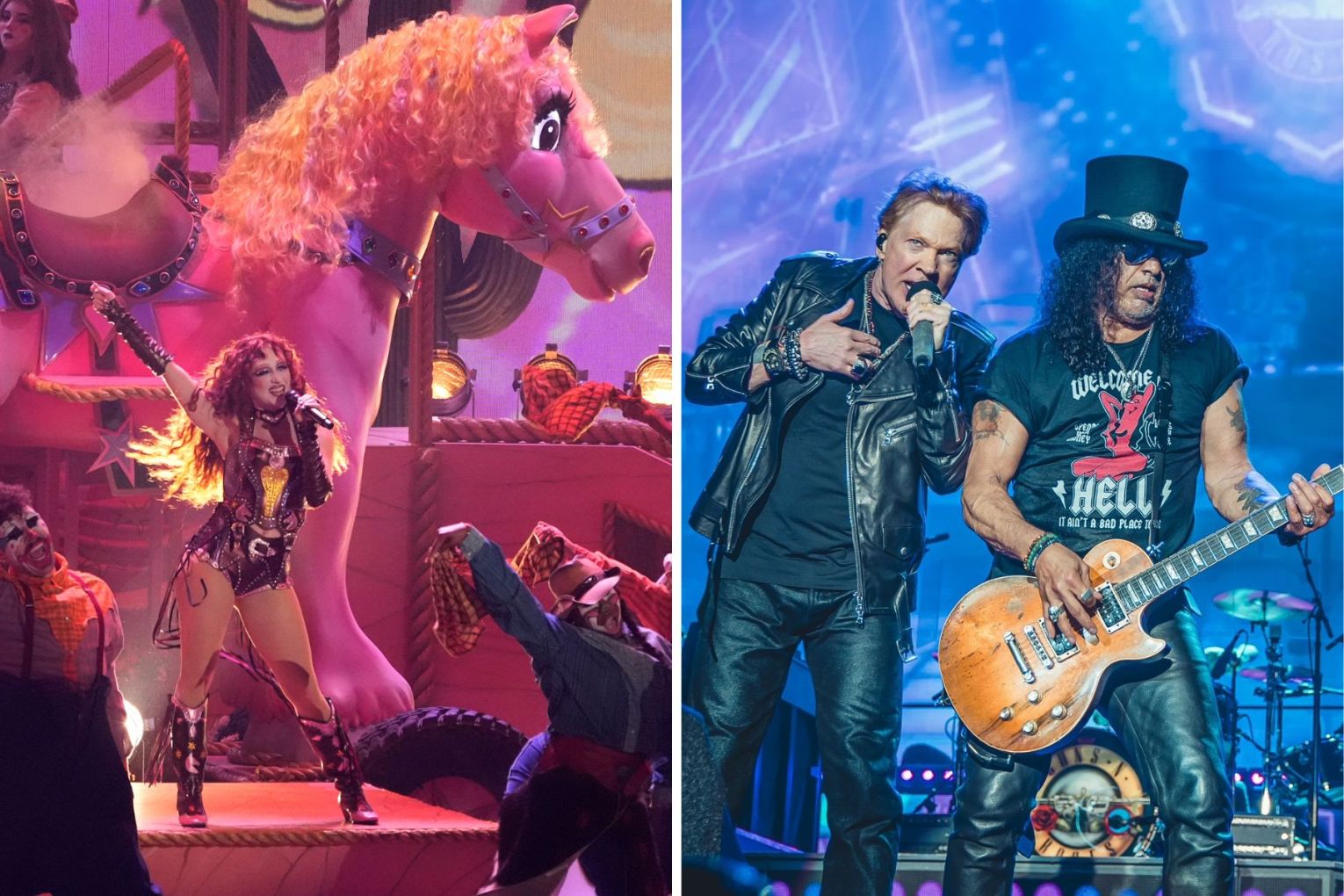 Chappell Roan and Guns N' Roses are the latest stars to descend on Adelaide this year. Left photo: Chappell at the 2025 Grammys, Chris Pizzello/AAP. Right photo: Guns N' Roses/supplied.  