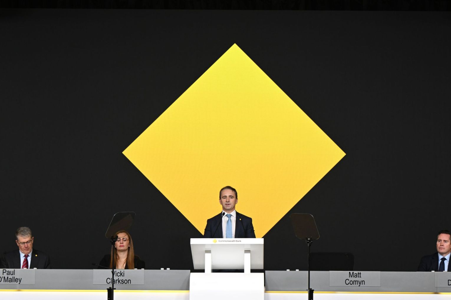 Commonwealth Bank’s Chief Executive Officer and Managing Director, Matt Comyn is seen speaking during the Commonwealth Bank's 2025 Annual General Meeting. Photo: Darren England/AAP