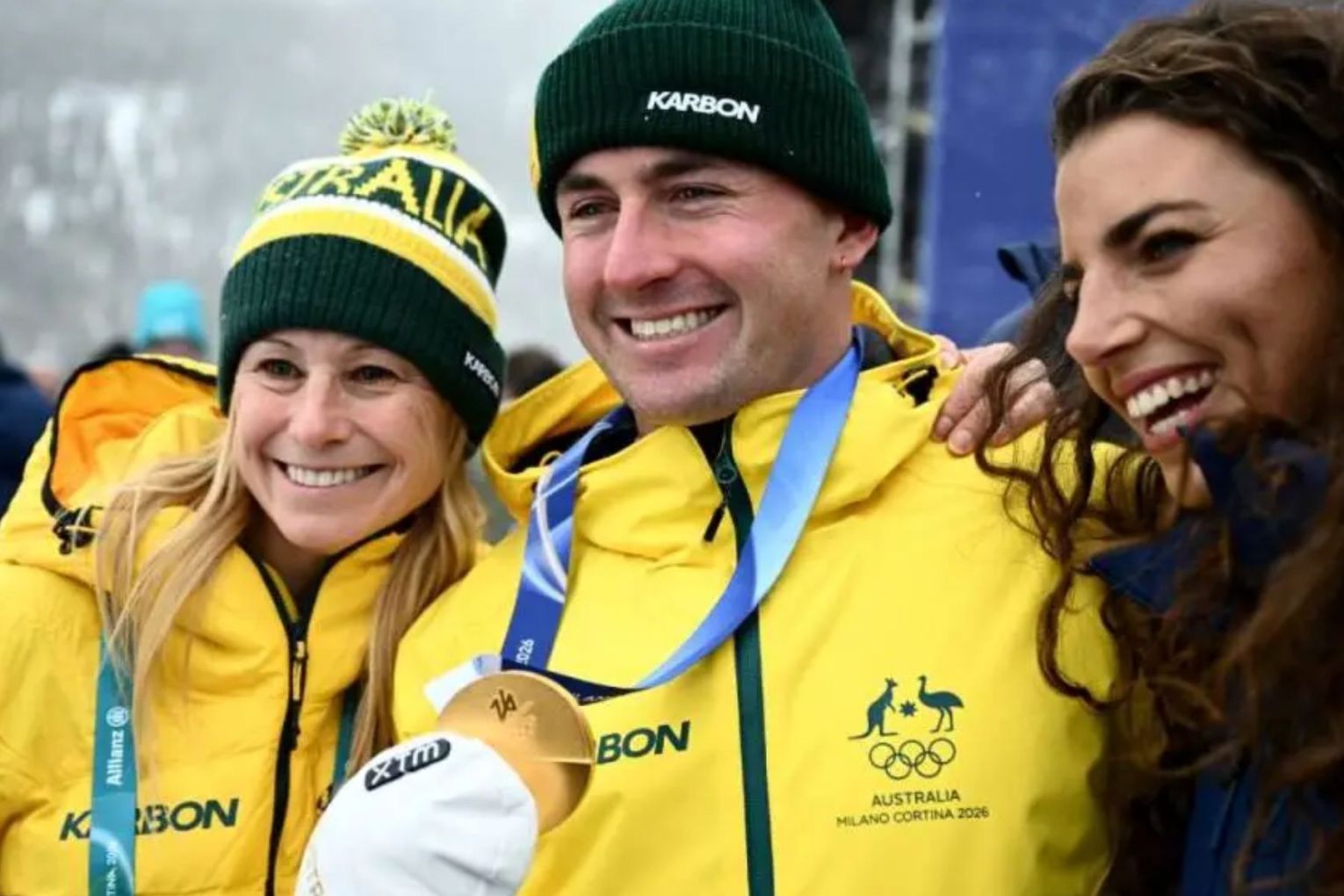 A trio of Australian Olympic champions celebrate the nation's first medal of the Winter Olympics.