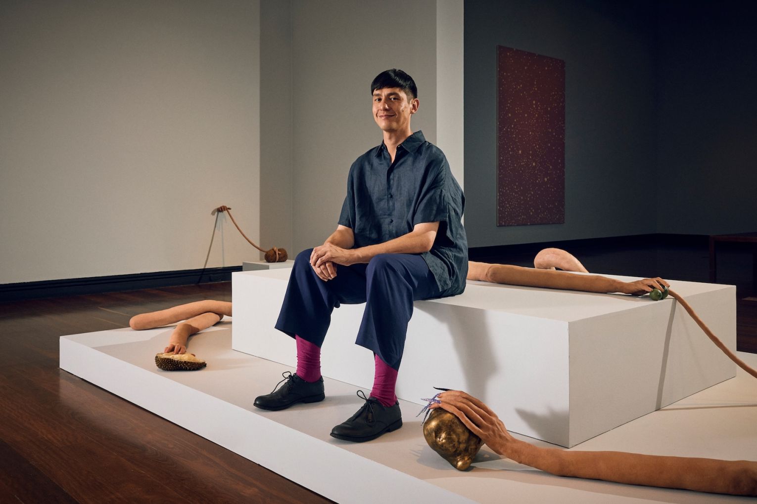 Artist Nathan Beard with his work Ciceroni, 2026 Adelaide Biennial of Australian Art: Yield Strength. Photo: Henry Trumble / Supplied