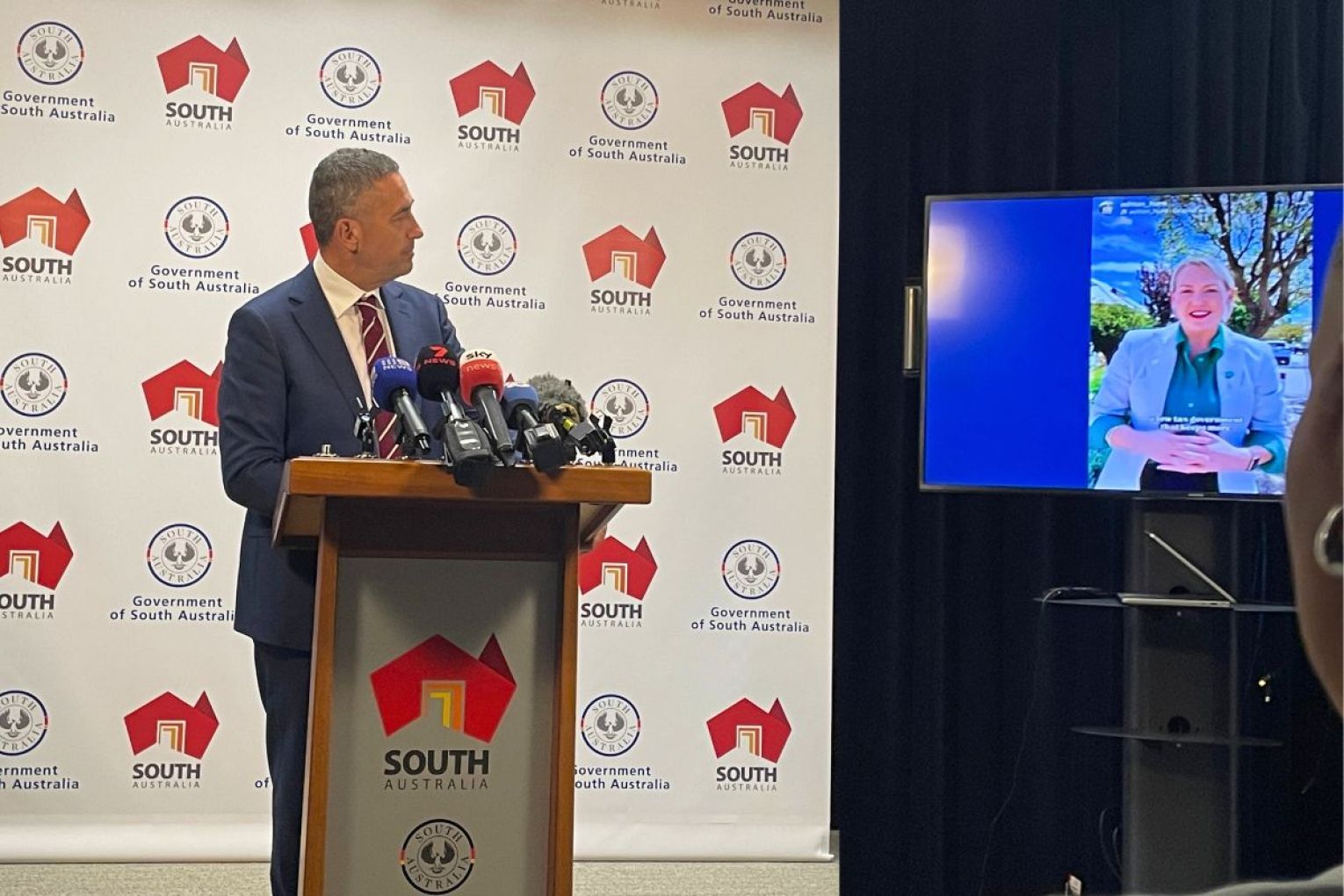 Treasurer Tom Koutsantonis playing Opposition Leader Ashton Hurn's social media videos at a press conference this morning. 