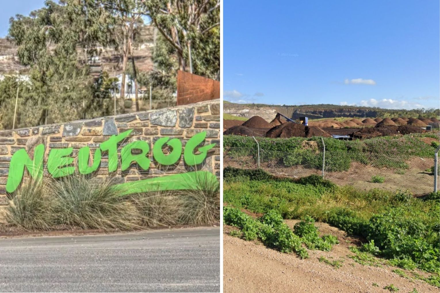 Neutrog was established in 1998 and ranked 92 in the 2024 South Australian Business Index. The company has been in court since July 2025 over it's environmental obligations. Left photo: EPA, Right photo: via Google Street view