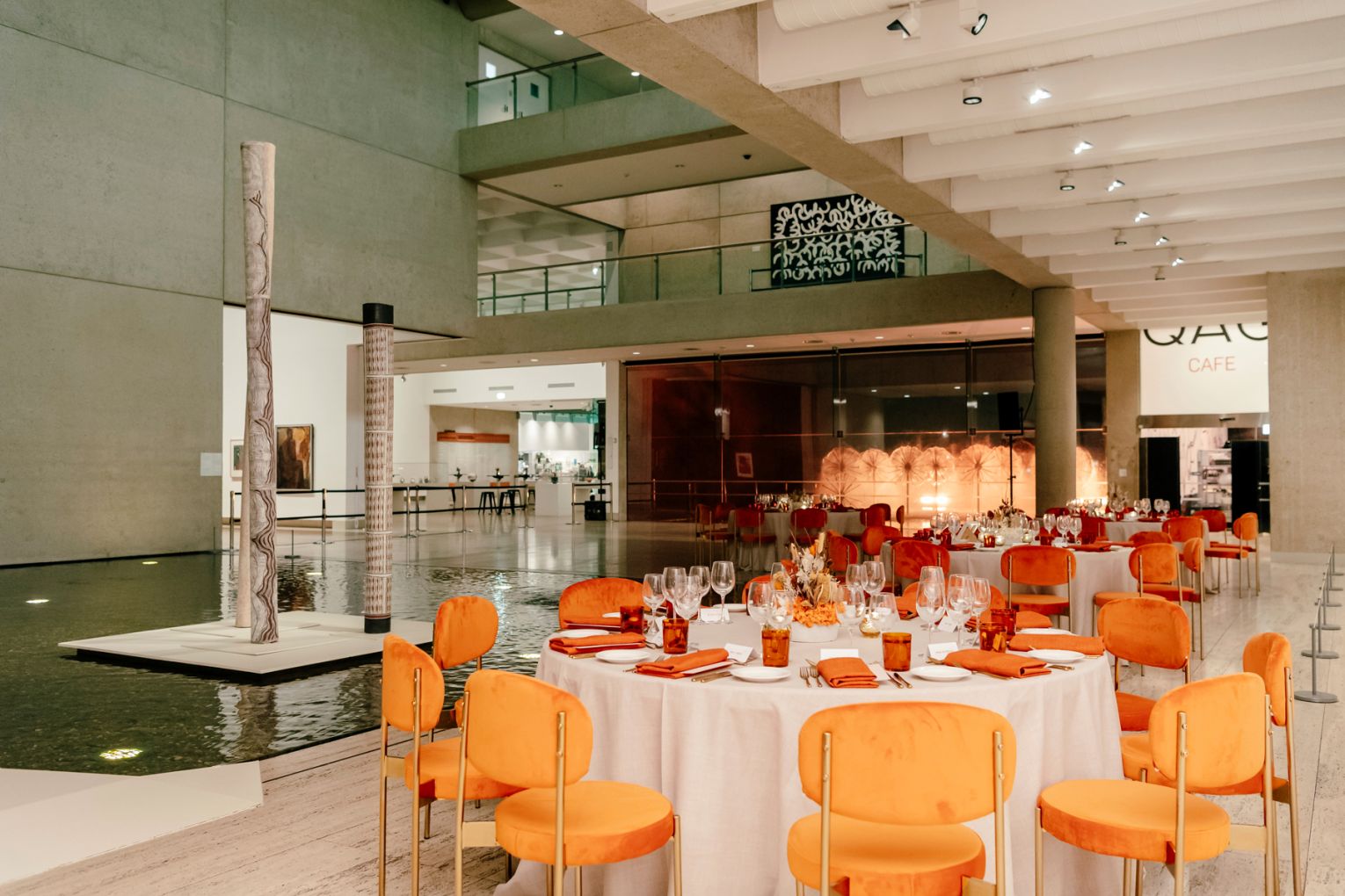 QAGOMA. Watermall, Queensland Art Gallery, with an installation view of ‘A Third Language’ / Photography: Chloë Callistemon © QAGOMA