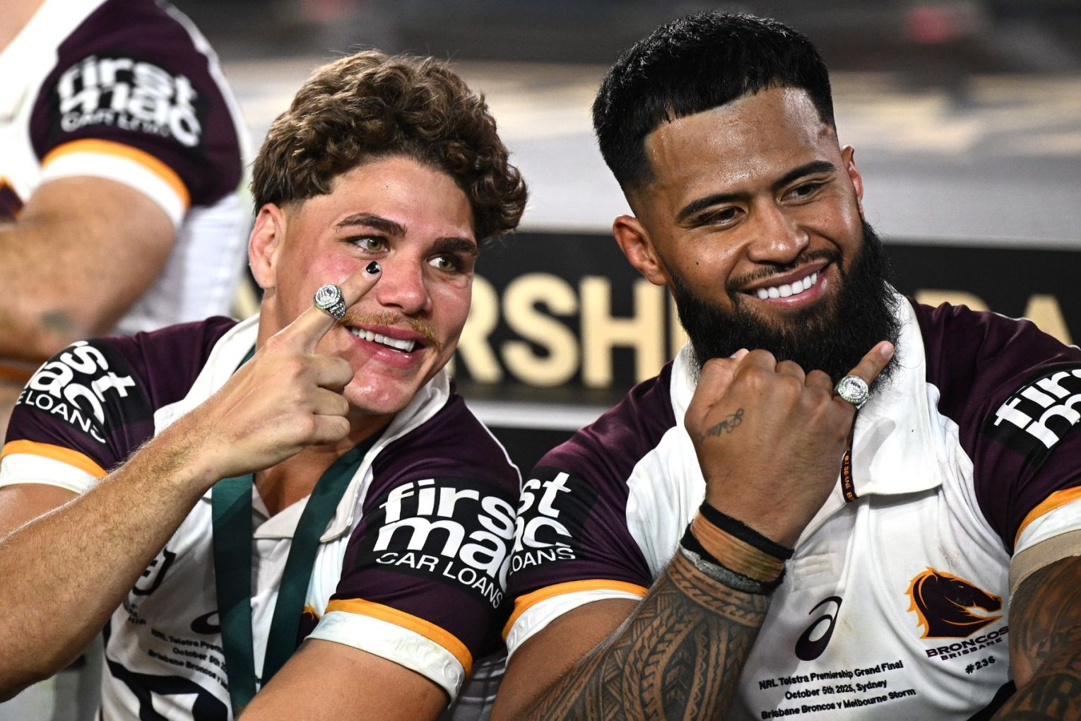 Reece Walsh and Payne Haas celebrate Brisbane's 2025 NRL premiership. Picture: Dan Himbrechts/AAP PHOTOS
