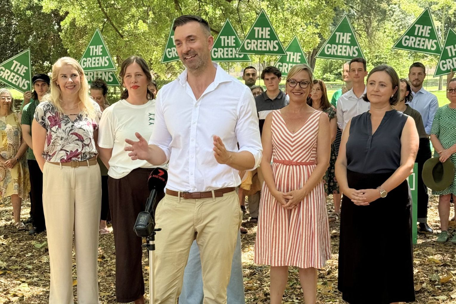 Robert Simms at the party's campaign launch, flanked by candidates Katie McCusker, Genevieve Dawson-Scott, national party leader Larissa Waters and lead Legislative Council candidate Melanie Selwood. Photo: Supplied