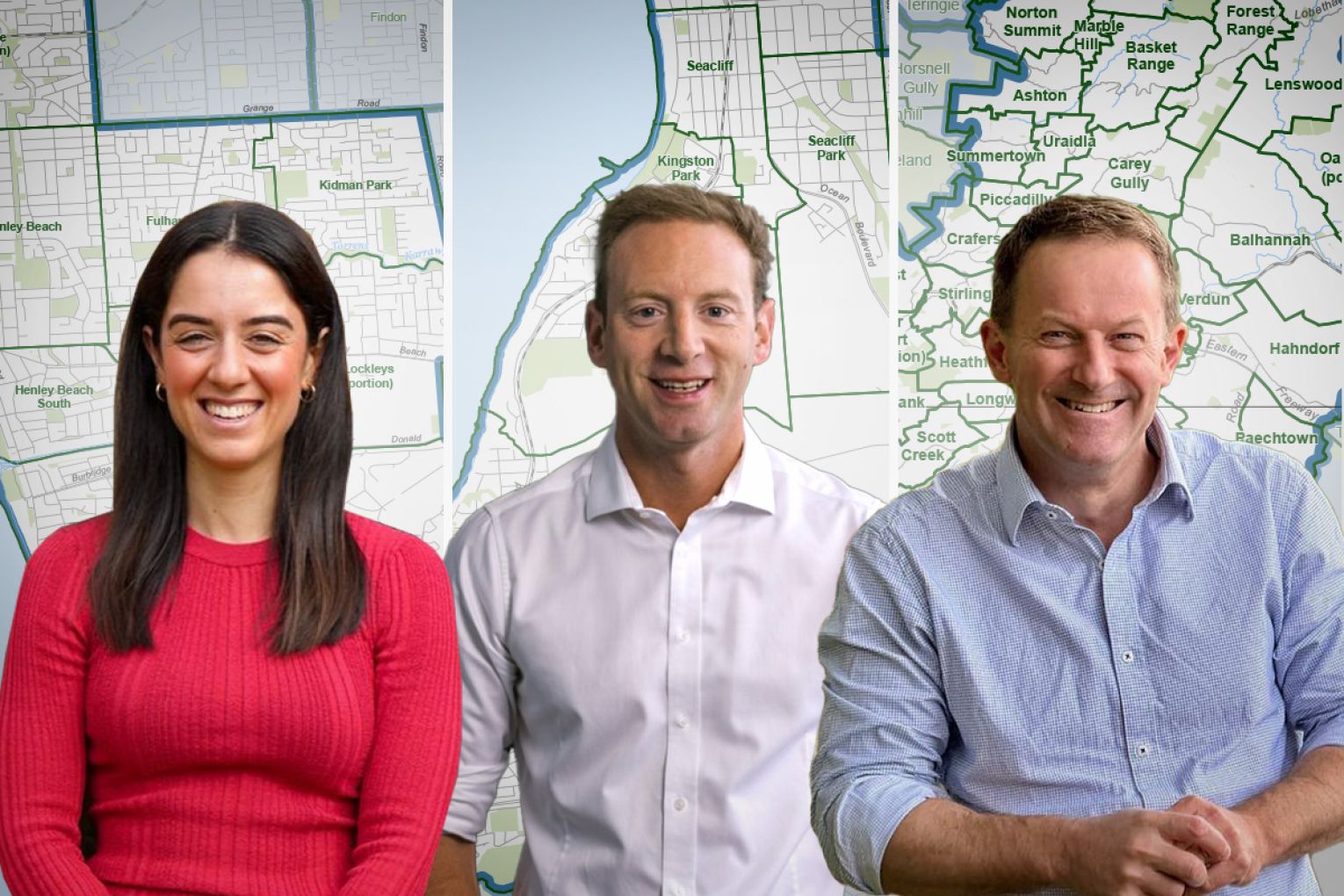 Labor's Aria Bolkus in the seat of Colton, David Speirs in Black and Josh Teague in Heysen are three of the contenders drawing attention at the polls this week. Graphic: James Taylor/InDaily.