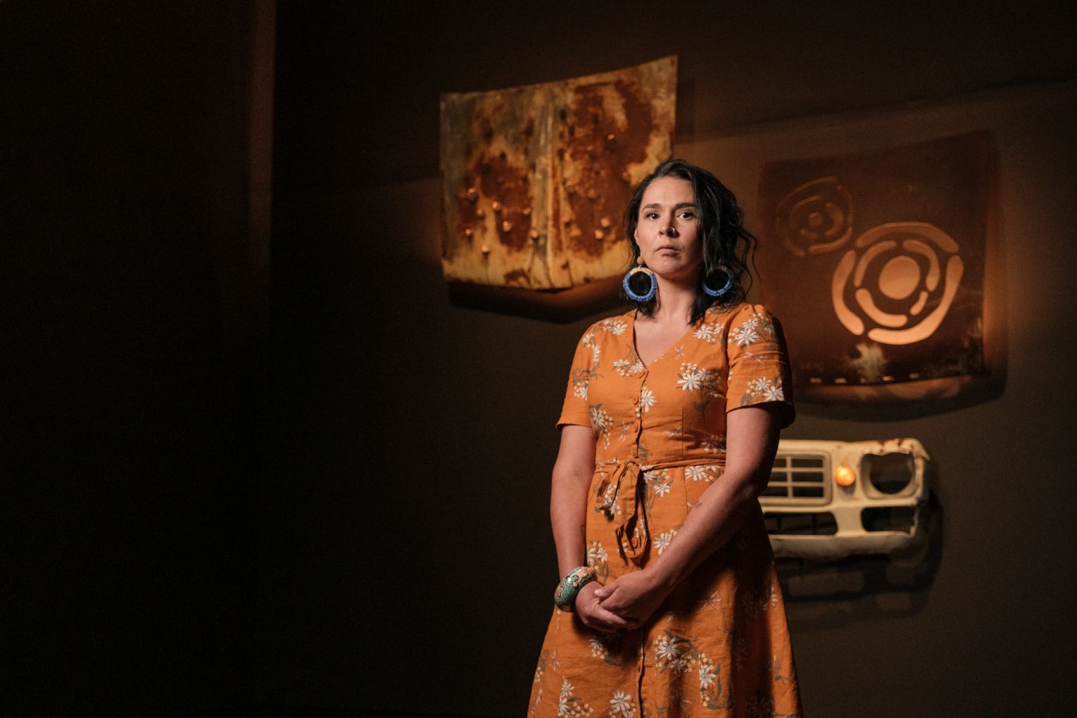 Elizabeth Yanyi Close with her installation SandWoman at the 2023 Tarnanthi Festival of Contemporary Aboriginal and Torres Strait Islander Art. Photo: Michael Jalaru Torres / Supplied