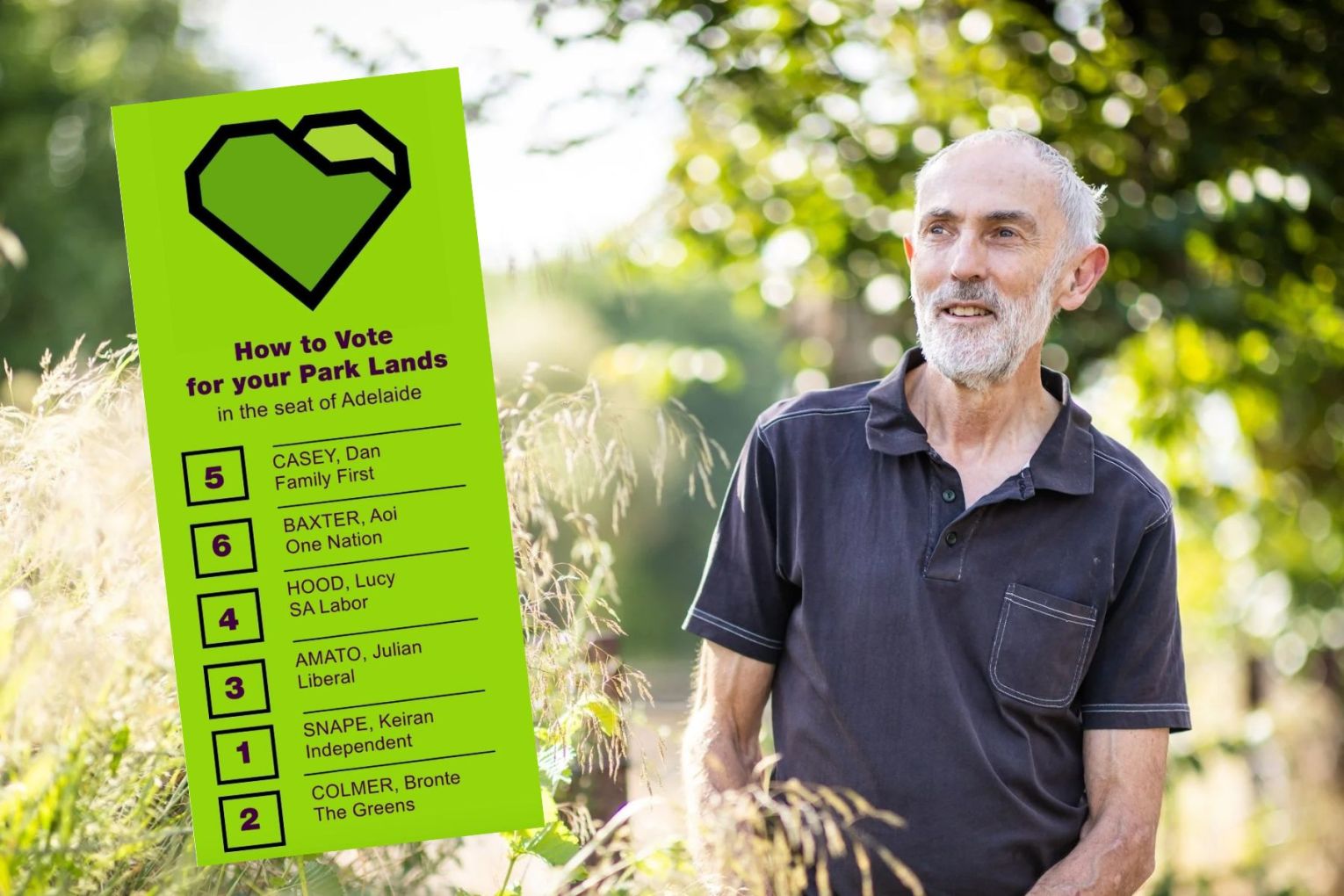 Shane Sody says independent candidate Keiran Snape's decade of park lands advocacy saw his star rise above the major parties in the Park Lands Association How-to-Vote card. This picture: James Elsby/supplied. 