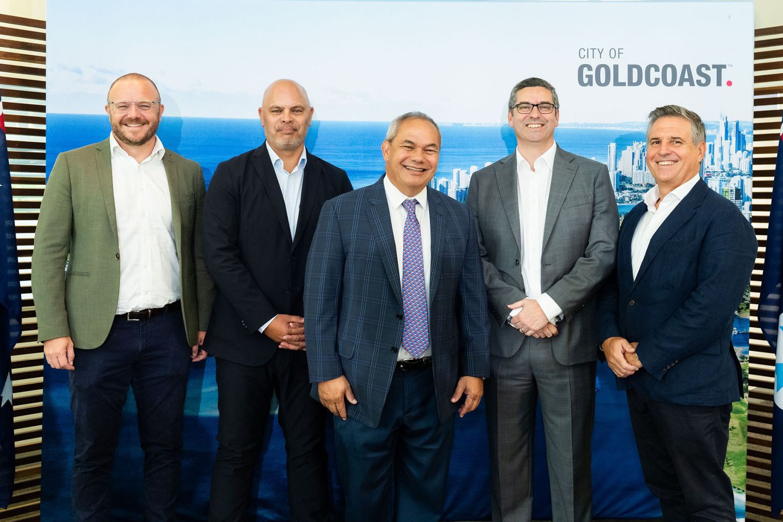 (Left to right) Christian Adamson, General Manager, Queensland, Built; Guy Ngata, Senior Vice President – Venue Development, Live Nation Australia & New Zealand; Gold Coast Mayor Tom Tate; Sergio Calcarao, Group Head of Development, Plenary; and Mark Girard, Chief Executive Officer, Invest Gold Coast.