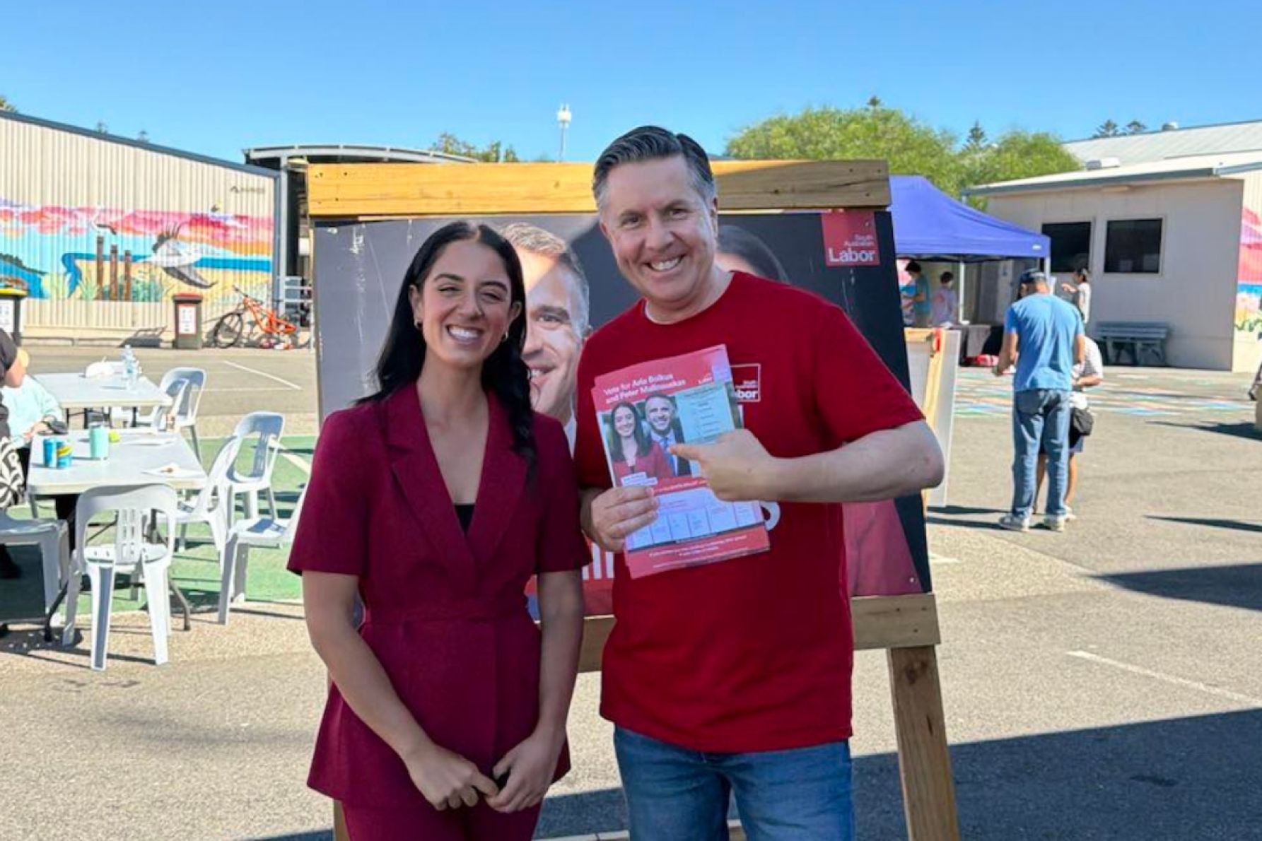 Federal Health Minister Mark Butler at a local voting booth with Colton Labor candidate Aria Bolkus. Picture: Facebook