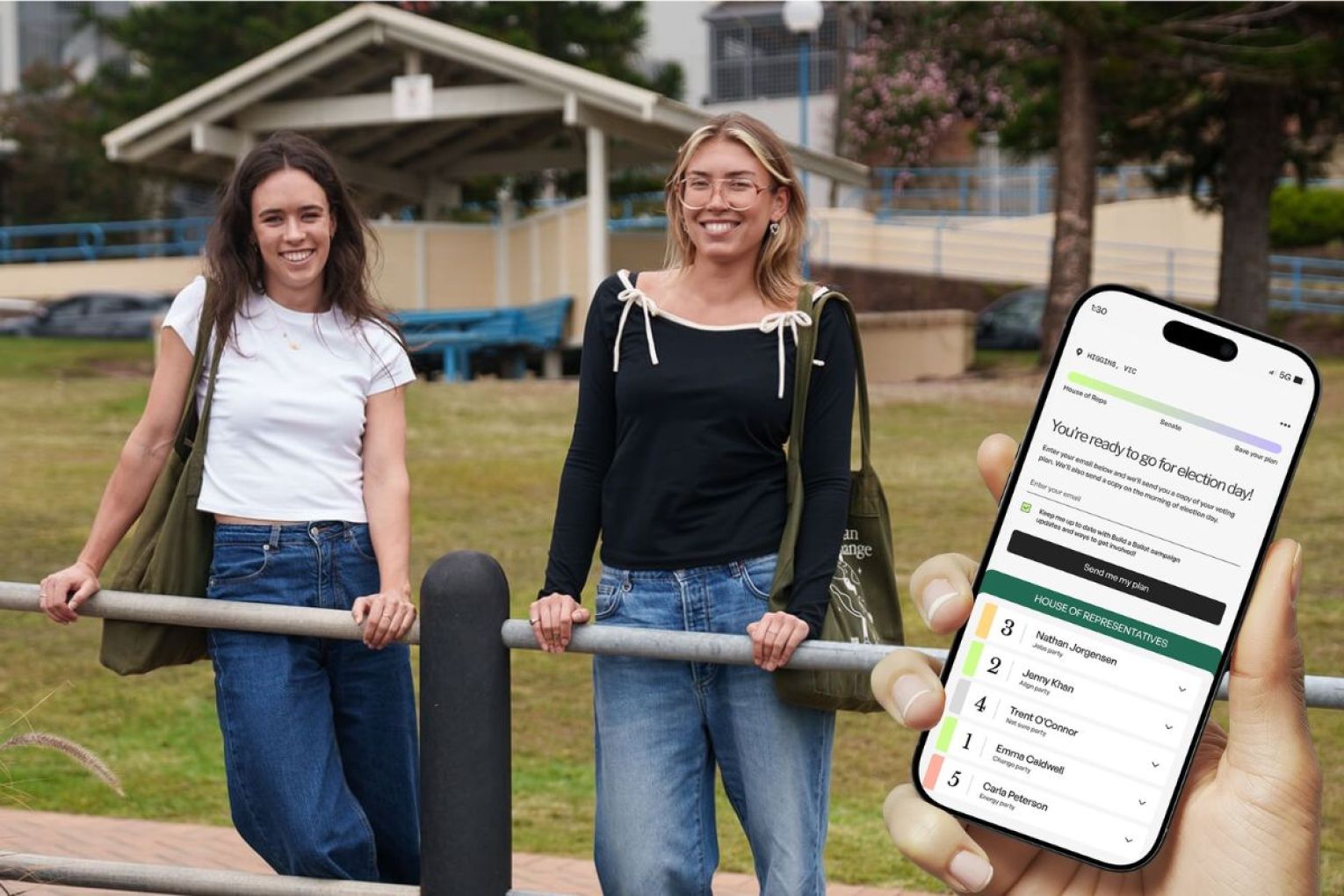 Lizzie Hedding and Tegan Lerm are the co-founders of a voting engagement tool. Saturday's election was their first state election they've run it. Pictures: Build a Ballot