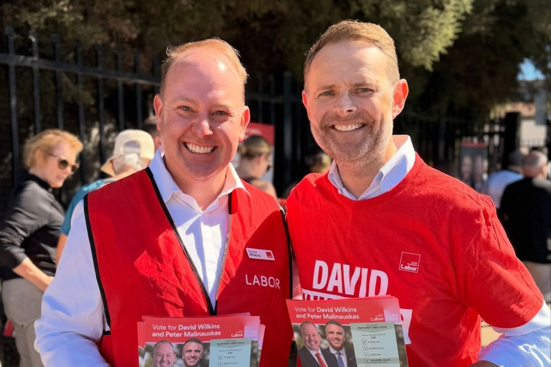 Former treasurer Stephen Mullighan, who has held the seat of Lee since 2014, with his successive candidate David Wilkins. This photo: via Facebook