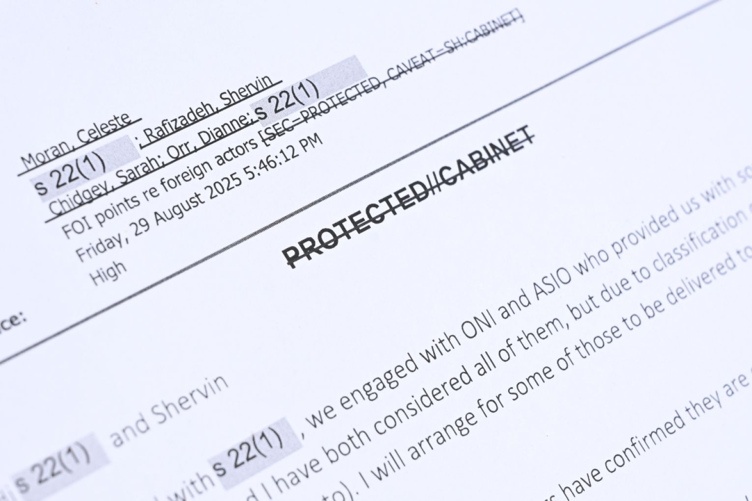 A copy of a Freedom of Information (FOI) request made by Australian Associated Press (AAP) is seen at Parliament House in Canberra, Tuesday, November 4, 2025. Photo: AAP Image/Lukas Coch