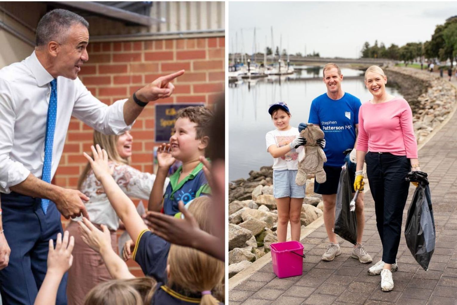 Premier Peter Malinauskas (left) has promised free public schooling, while Ashton Hurn (right) has a cleaner beach target she announced after cleaning beaches with Liberal Stephen Patterson and young Isabella. Photos: supplied. 