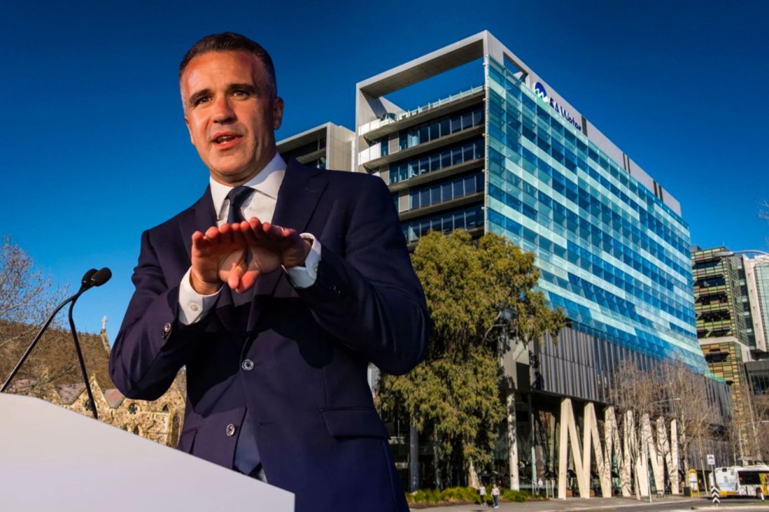 The Premier wants to bring SA Water into government control. Photo of Premier Peter Malinauskas: Frankie The Creative. Photo of SA Water Building: BE Switchcraft.