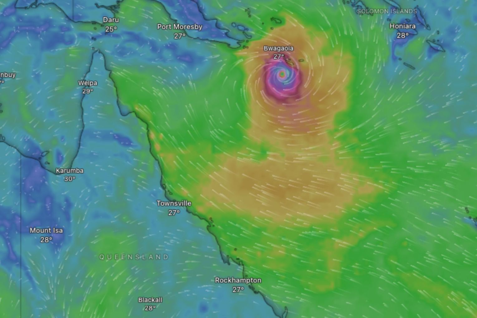 Tropical Cyclone Narelle is forecast to make landfall on the Queensland coast on Friday as a category four system. Picture: via Windy