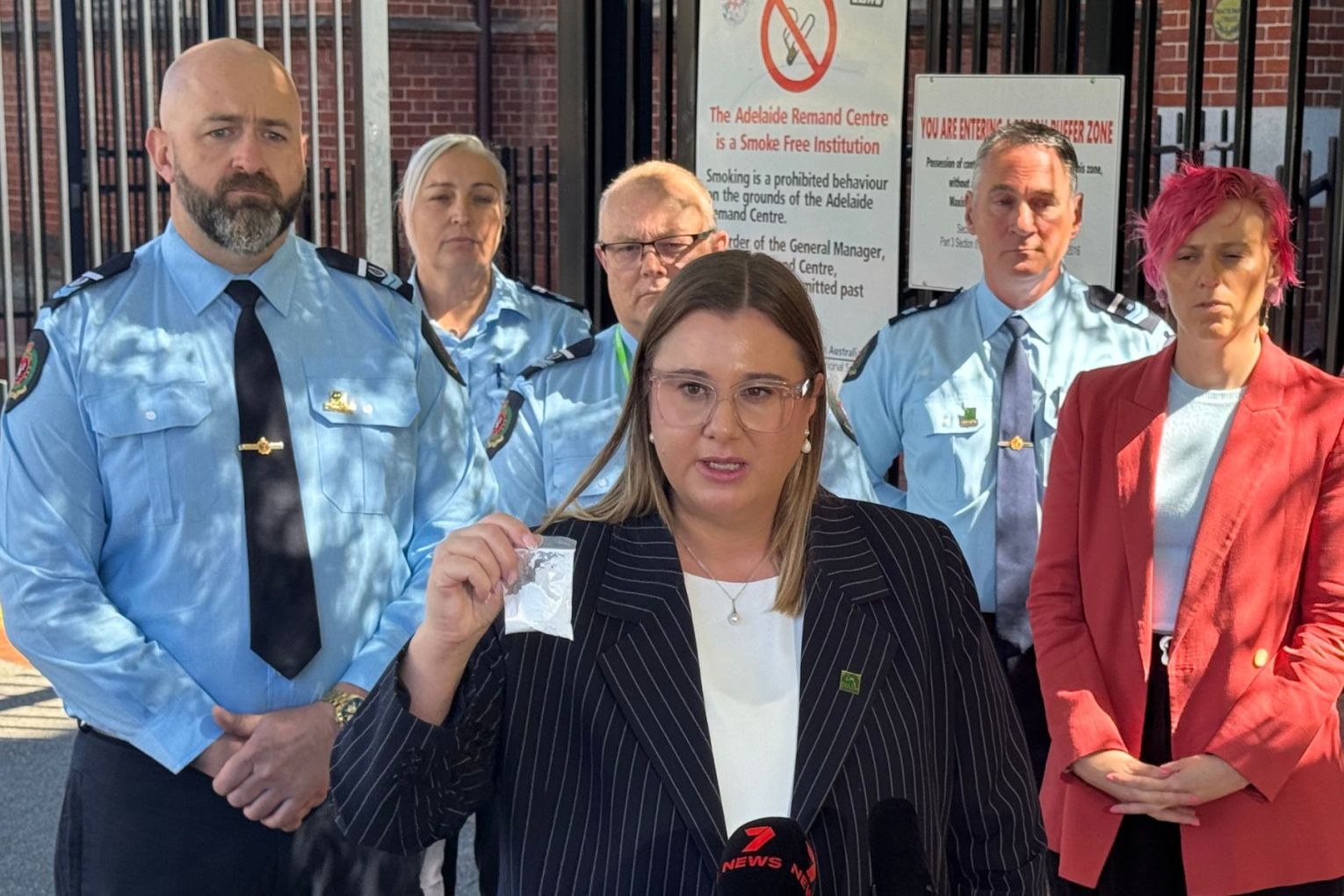 PSA general secretary Charlotte Watson with a mocked up bag to show how much cocaine a prisoner transferred from  the Adelaide Remand Centre to Yatala was caught with. Pictures: supplied  