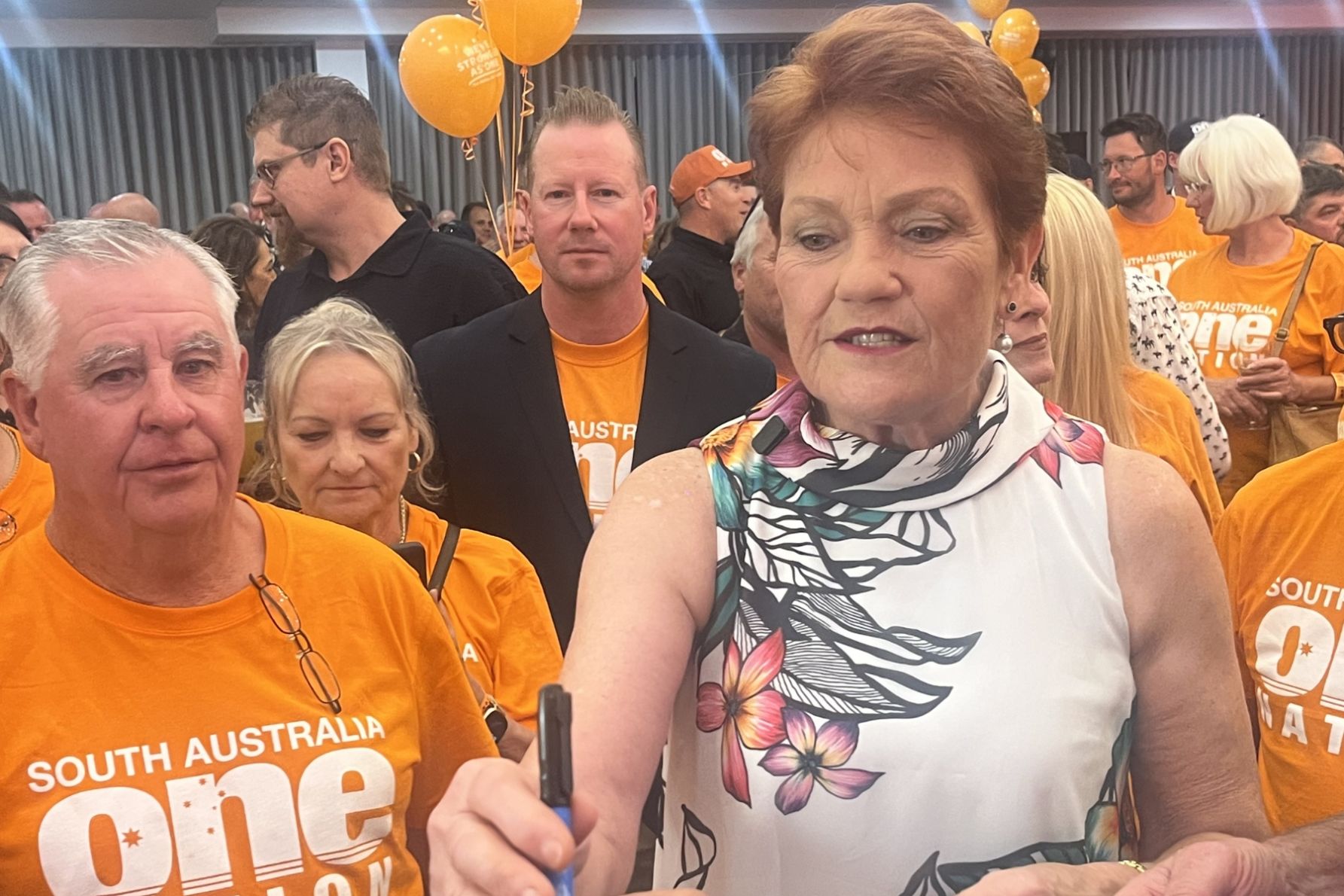 One Nation's Pauline Hanson arrives at her team's Kent Town celebration. Picture: Rory Dowdell