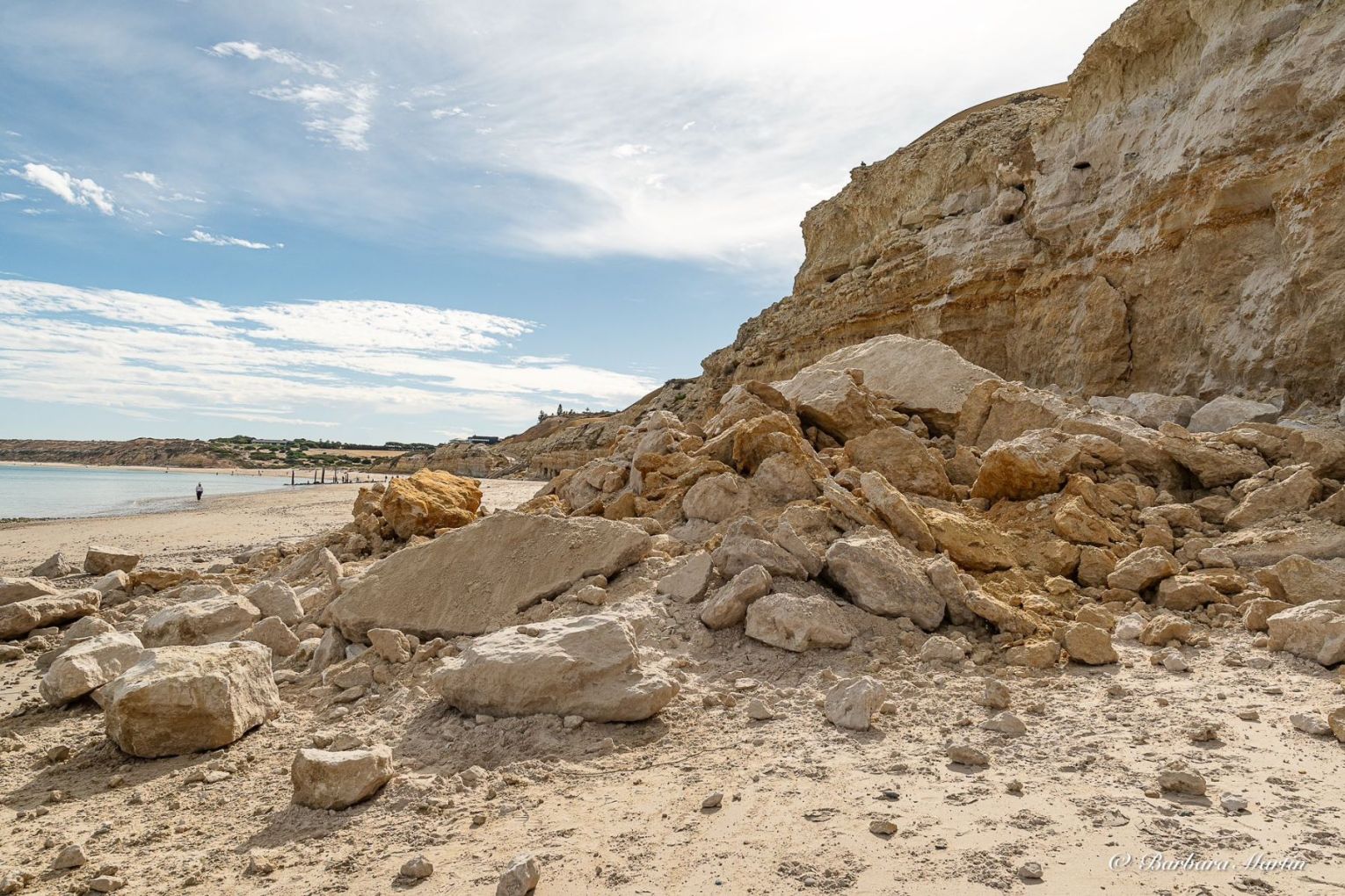 
Beachgoers have been issued a warning after a huge rock fall at one of the state's most popular beaches. Picture: via Barbara Martin Facebook