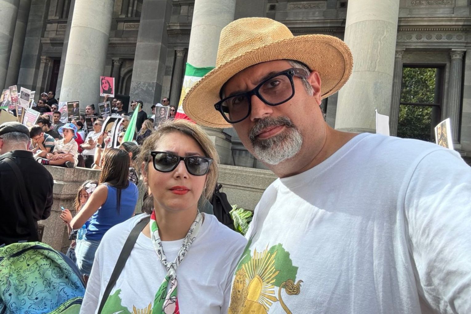 Samira Shirmardi and her husband join a gathering of the Iranian community at Parliament House each week as their family faces ongoing conflict in Iran. Pictures: supplied. 