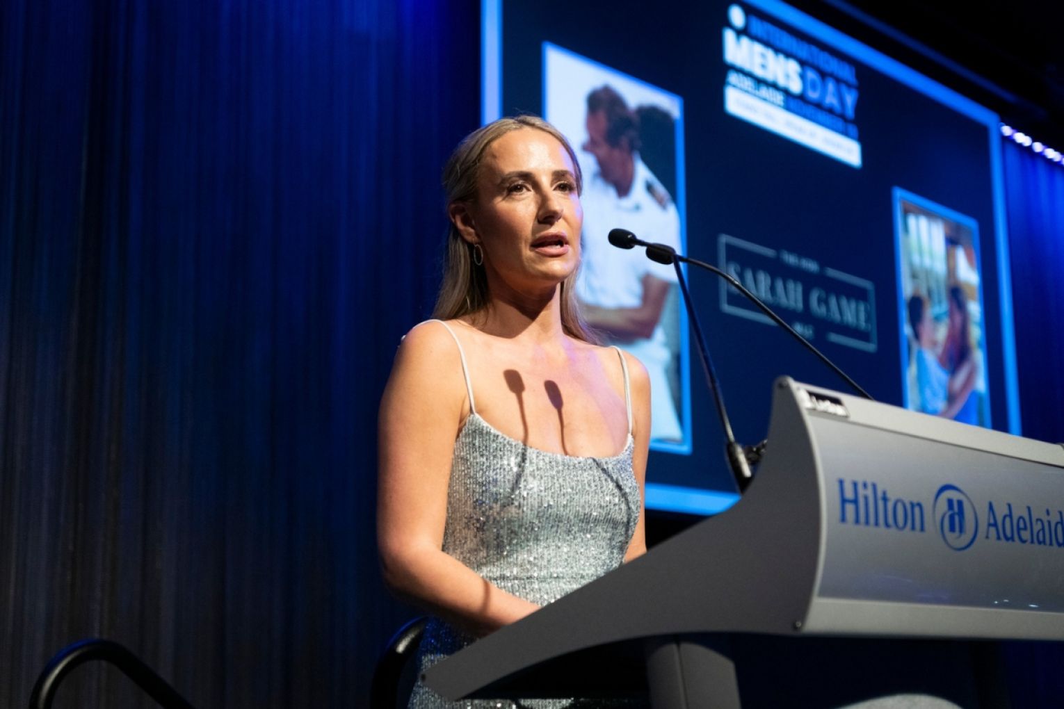 Upper house MLC Sarah Game speaks at her 2025 International Men's Day event. Photo: Facebook