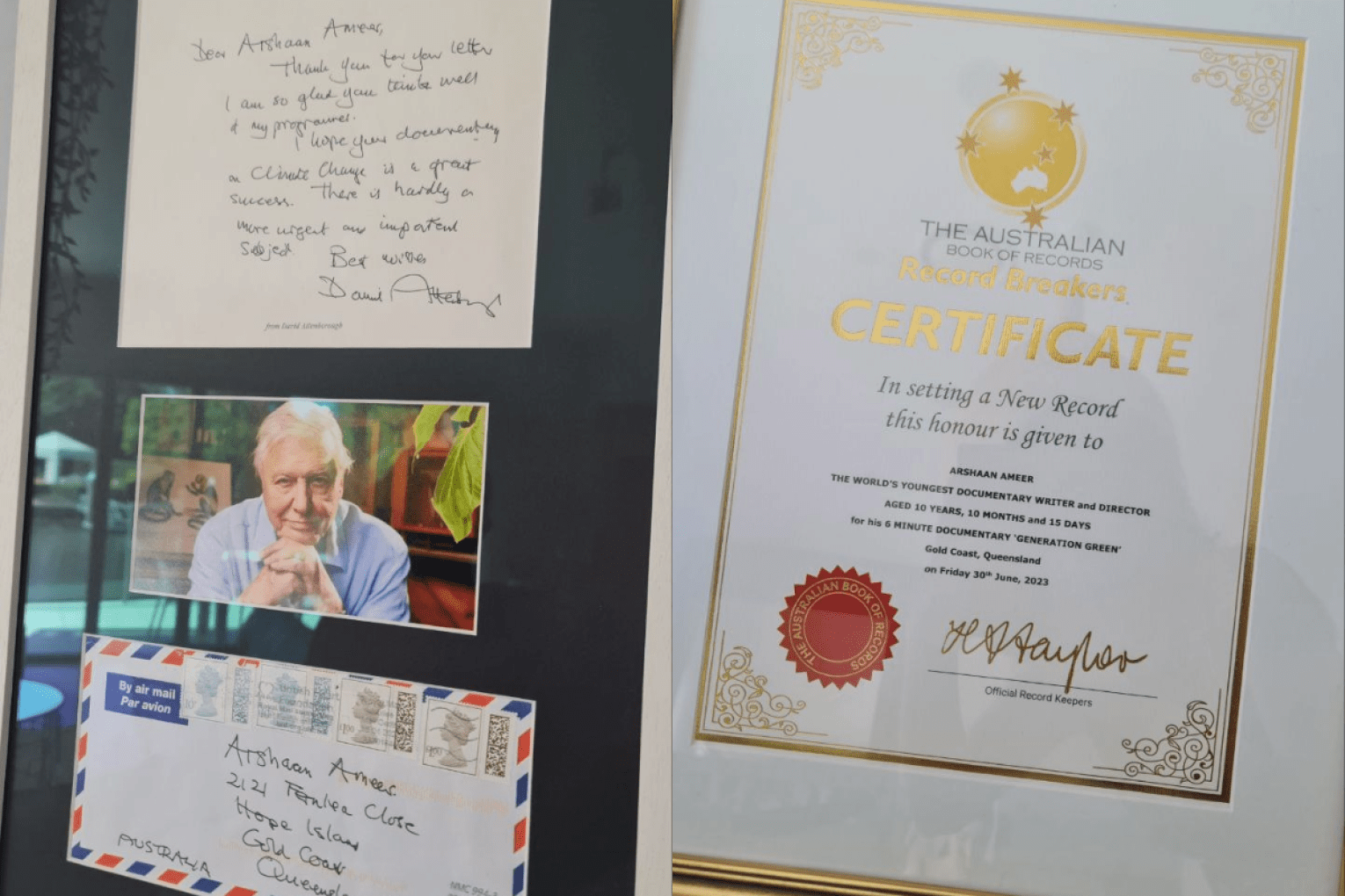 Arshaan Ameer's letter from David Attenborough and certificate from the Australian Book of Records