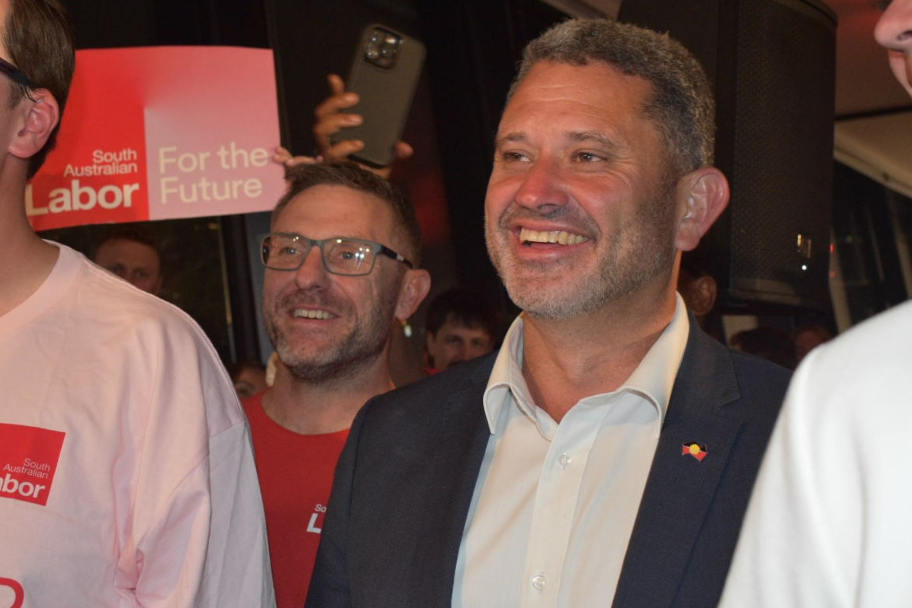 Labor's Kyam Maher celebrates his party's win. Picture: Helen Karakulak
