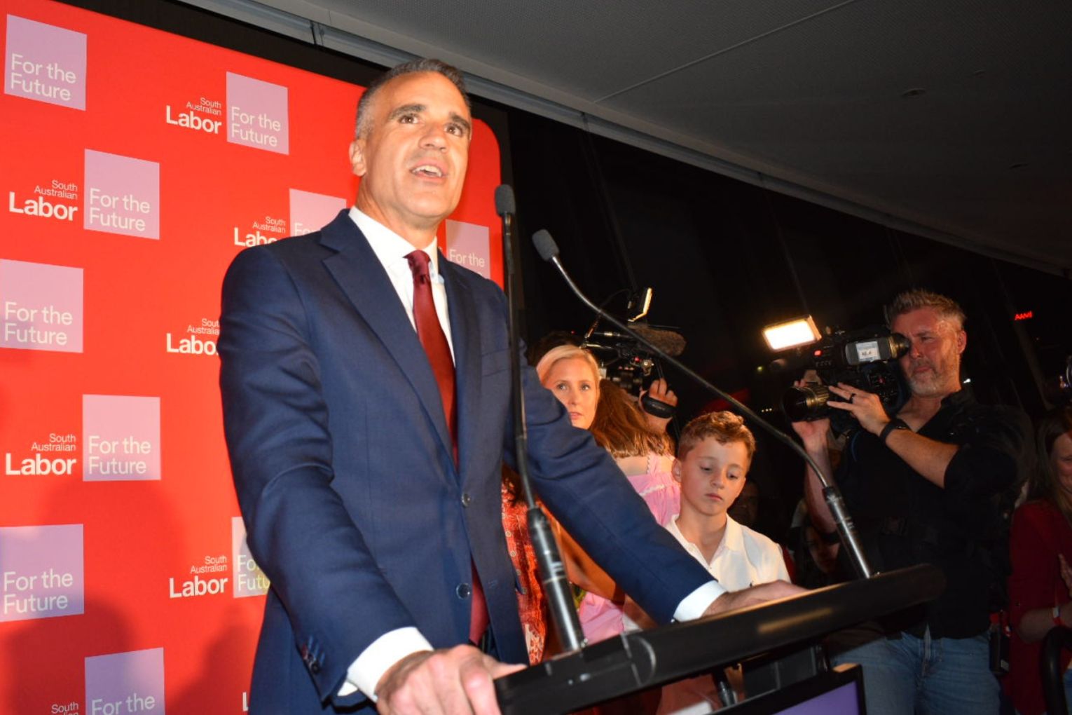Premier Peter Malinauskas addresses supporters. Picture: Helen Karakulak