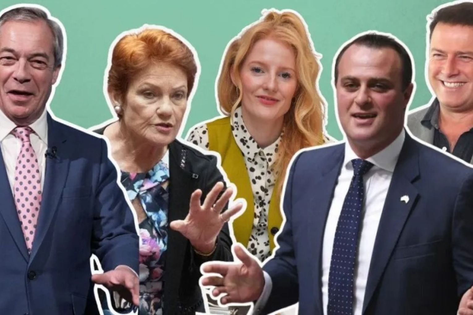 From left: Nigel Farage, Pauline Hanson, Hannah Spencer, Tim Wilson and Karl Stefanovic.