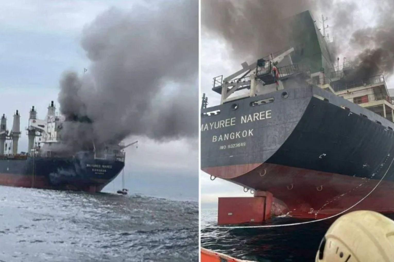 A Thai cargo ship, Mayuree Naree, was struck and set ablaze in the Strait of Hormuz on Wednesday.