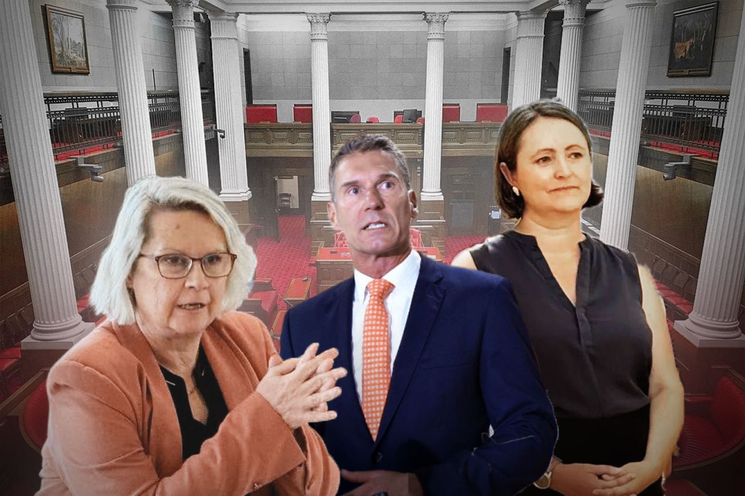 Labor's Claire Scriven, One Nation's Cory Bernardi and Greens' member Melanie Selwood should return or enter parliament next week, but the Premier says new MPs will not be trained until the electoral commission makes its final call. Graphic: Liam McAlister/InDaily. 