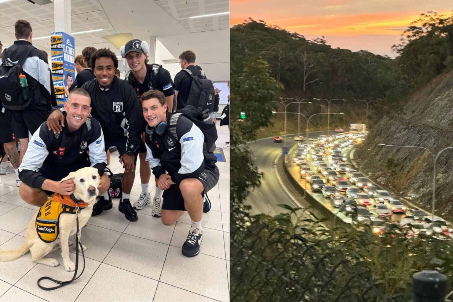 Thousands of passengers – including the Collingwood crew – touched down at Adelaide Airport yesterday while traffic grinded to a halt on the SE Freeway. Pictures: Facebook.