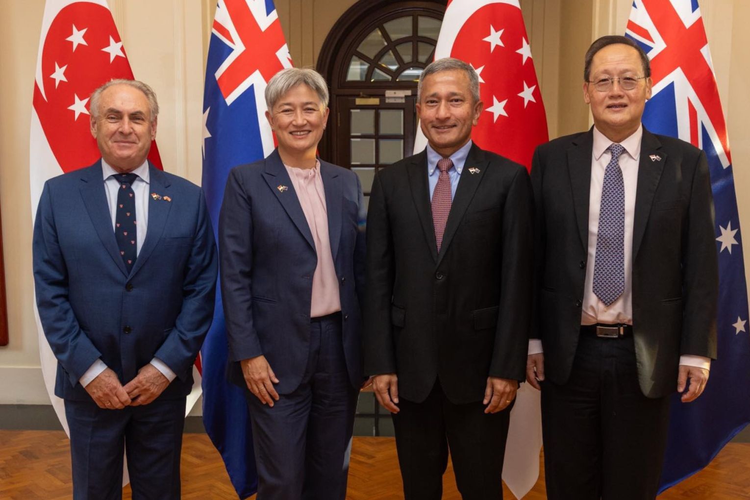 Don Farrell (left) and Foreign Affairs Minister Penny Wong with Singaporean Foreign Minister Dr Vivian Balakrishnan, and Energy Minister Tan See Leeng, following discussions over continuing cooperation on fuel security and essential supplies. Picture: Facebook
