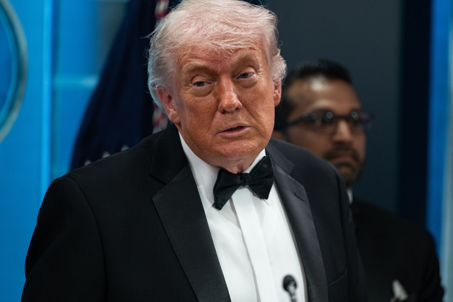 U.S. President Donald Trump holds a press briefing at the White House after shots were fired at the Washington Hilton in Washington, DC, where he was set to give remarks, on April 26, 2026. U.S. President Trump was already in the building when the shots were fired, and was escorted out as shots were heard. Picture: Annabelle Gordon/Sipa USA