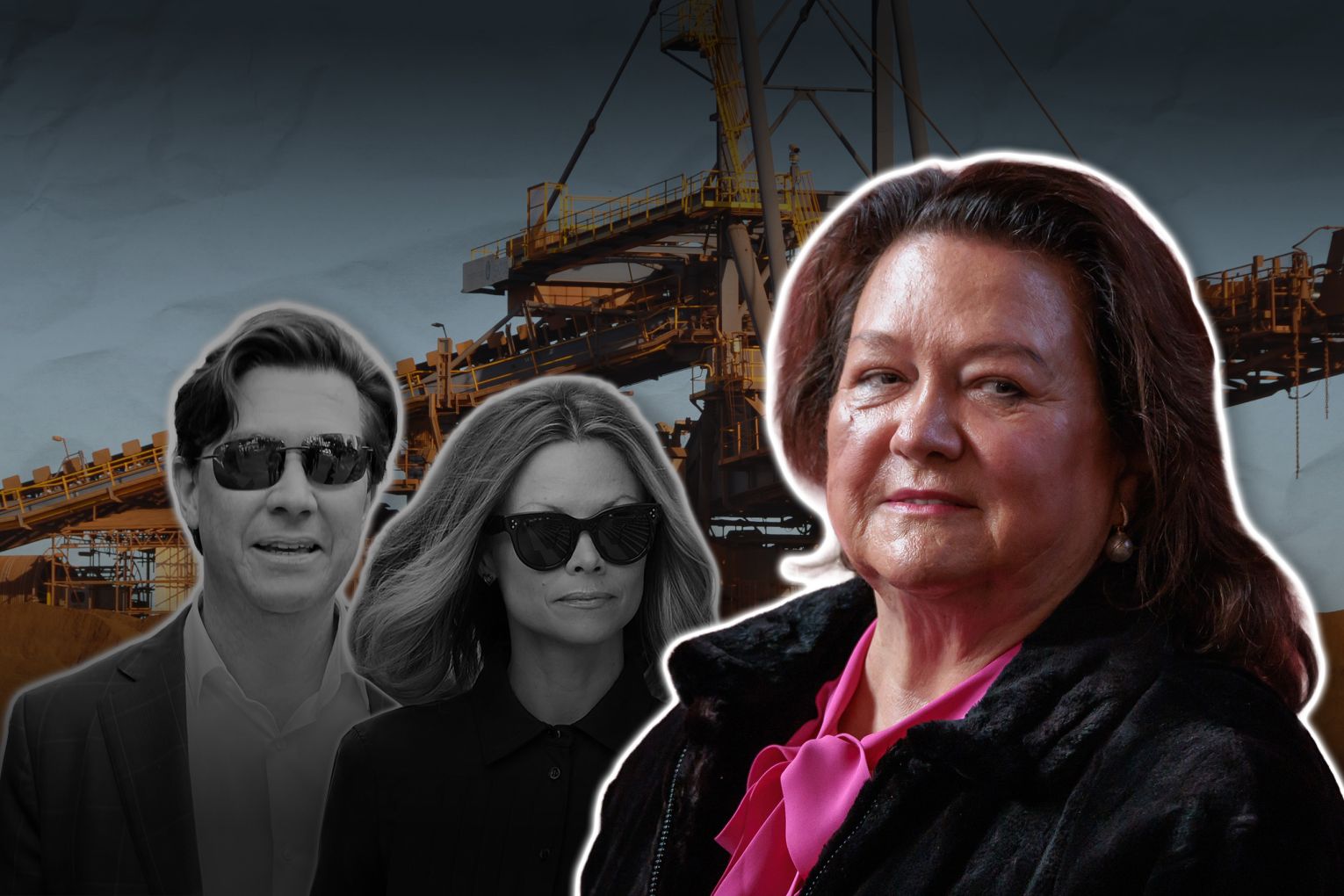 A graphic illustration featuring billionaire mining magnate and businesswoman Gina Rinehart, and her eldest children, John Hancock and Bianca Rinehart, amid their long-running legal feud with their mother over a family trust containing substantial mining assets. Picture: AAP Image/Susie Dodds