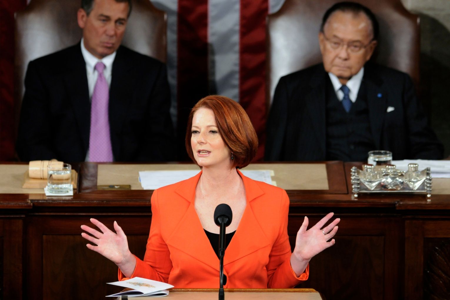 Australia's former Prime Minister Julia Gillard addresses a joint meeting of the United States Congress in the chamber of the House of Representatives on Capitol Hill in Washington, March 9, 2011. U.S. House Speaker John Boehner (L) and U.S. Senator Daniel Inouye (D-HI). Picture: REUTERS/Jonathan Ernst
