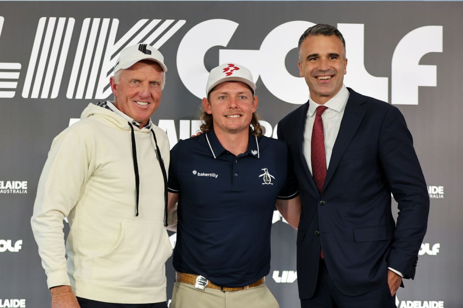 Premier Peter Malinauskas with LIV Golf CEO and Commissioner Greg Norman, and Ripper GC captain Cameron Smith in 2023. Picture: Matt Turner/AAP