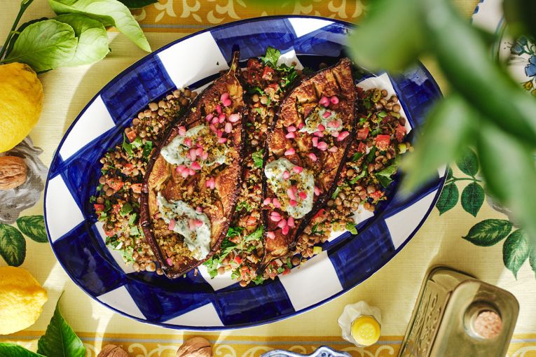 Thumbnail for Smoky eggplant with tahini and lentil tabbouleh