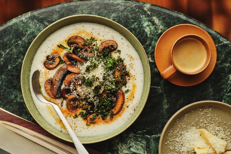 Thumbnail for Cacio e pepe semolina porridge with brown butter mushrooms