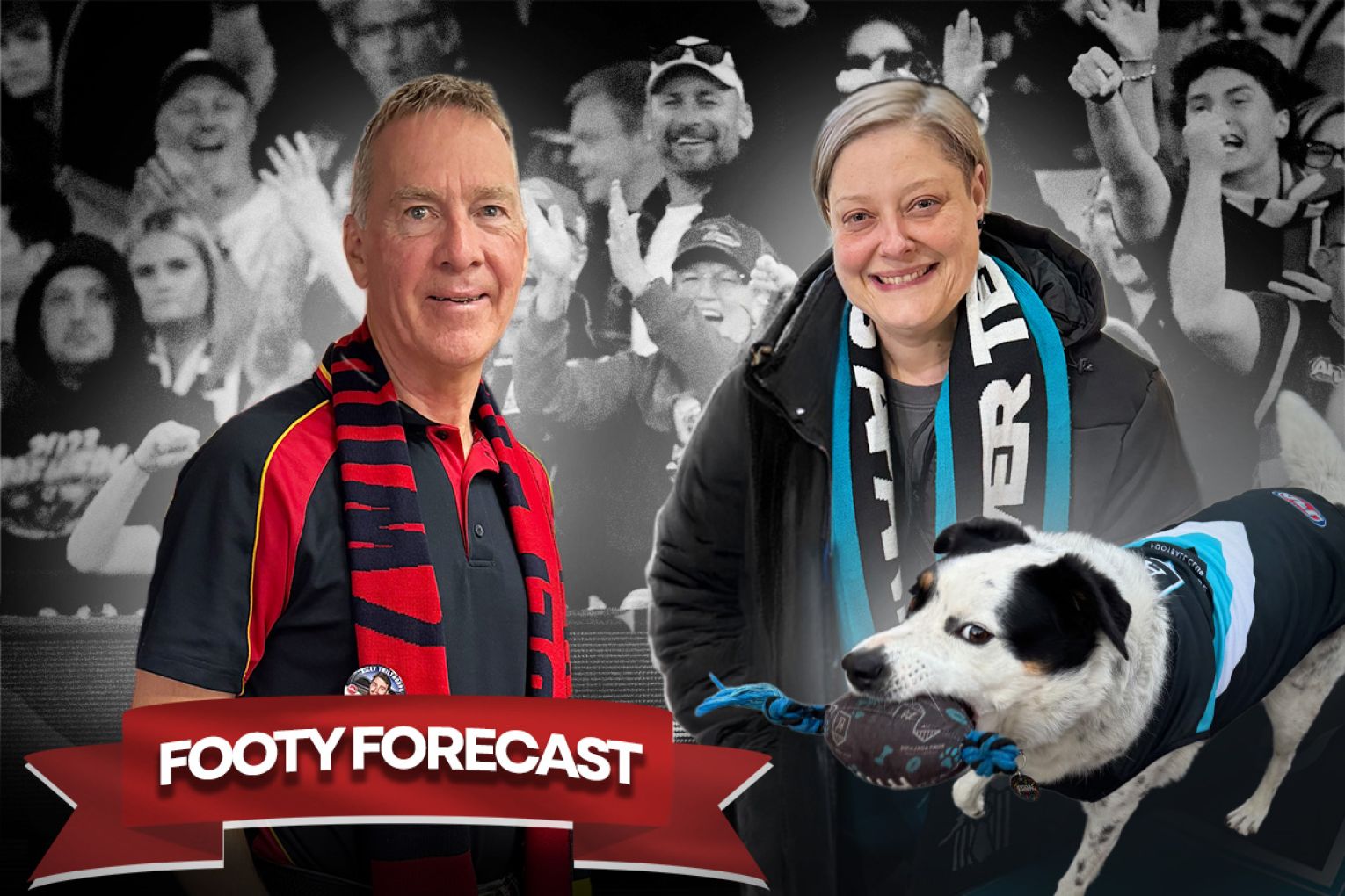 Adelaide supporter Andrew Benson and Port Adelaide fan Kath Zummo give this week's predictions. Graphic: Liam McAlister.